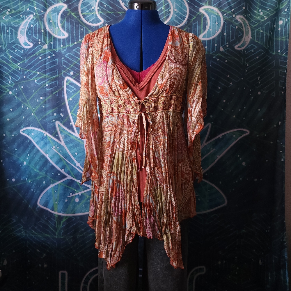 Vintage Sharon Young size 6 Boho Hippie Fairy Paisley Sheer Tie Front